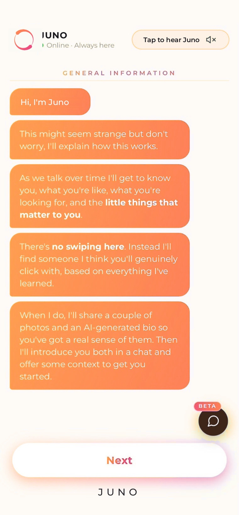 Juno's opening messages explaining how the app works